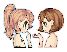 pixel portraits of two girls, in profile, talking to each other, one has a brown bob and freckles, the other has a dusty peach ponytail and a small tattoo